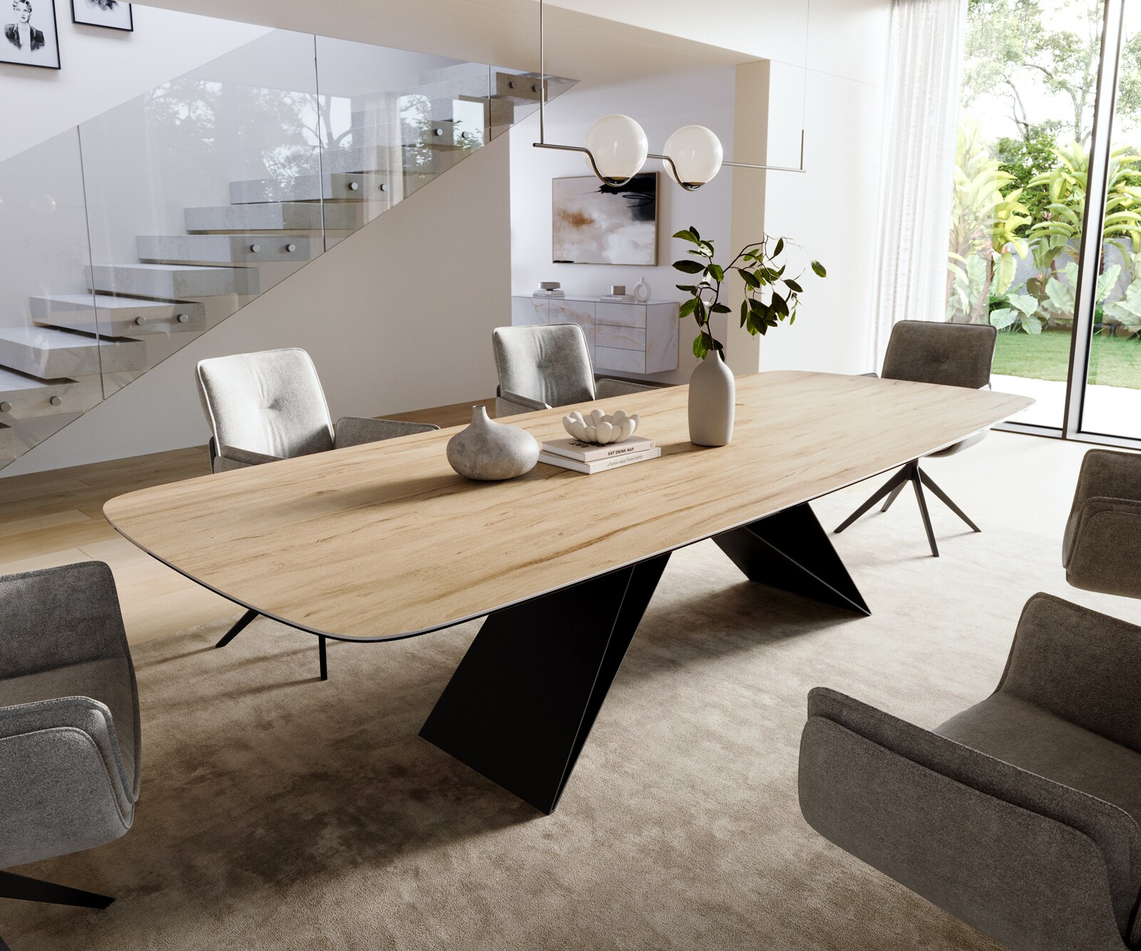 Eettafel Edge Boot 300x120 cm Keramiek Laminam® Sabbia Eichefarbig V-onderstel Flachstahl Zwart 1