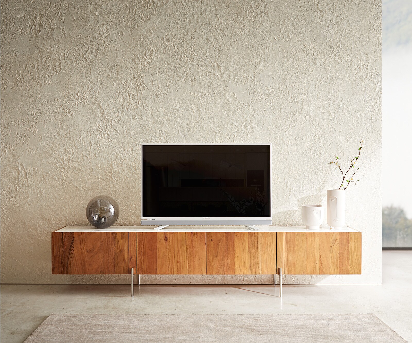 TV-meubel Secara 220 cm acacia natuur 4 deuren marmeren poten roestvrij staal 2