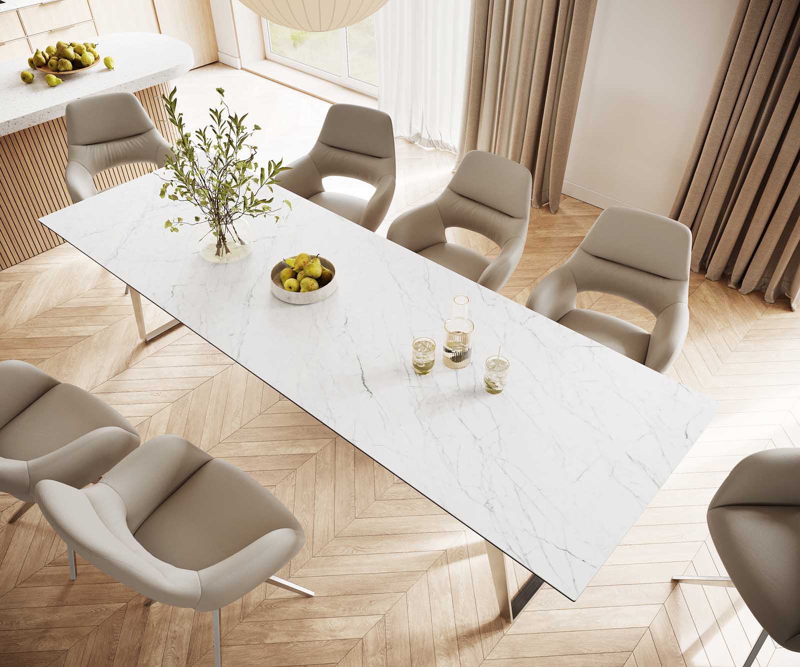 Eettafel Edge 300x100 keramiek Laminam® Statuarietto wit roestvrij staal hoekig 3