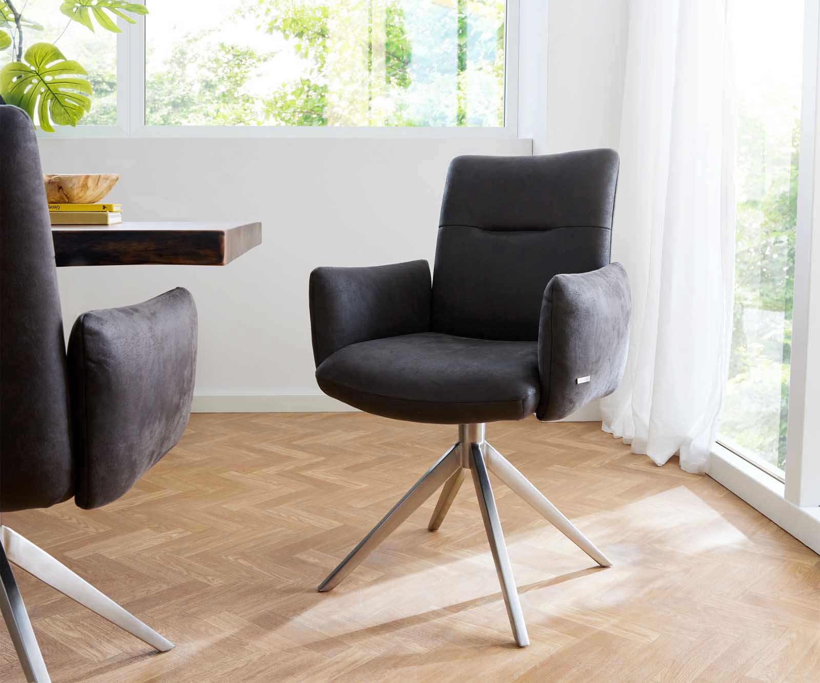Draaistoel Jova-Flex met armleuning microvelours antraciet vintage kruisframe breed roestvrij staal 360° draaibaar pocketveer kern