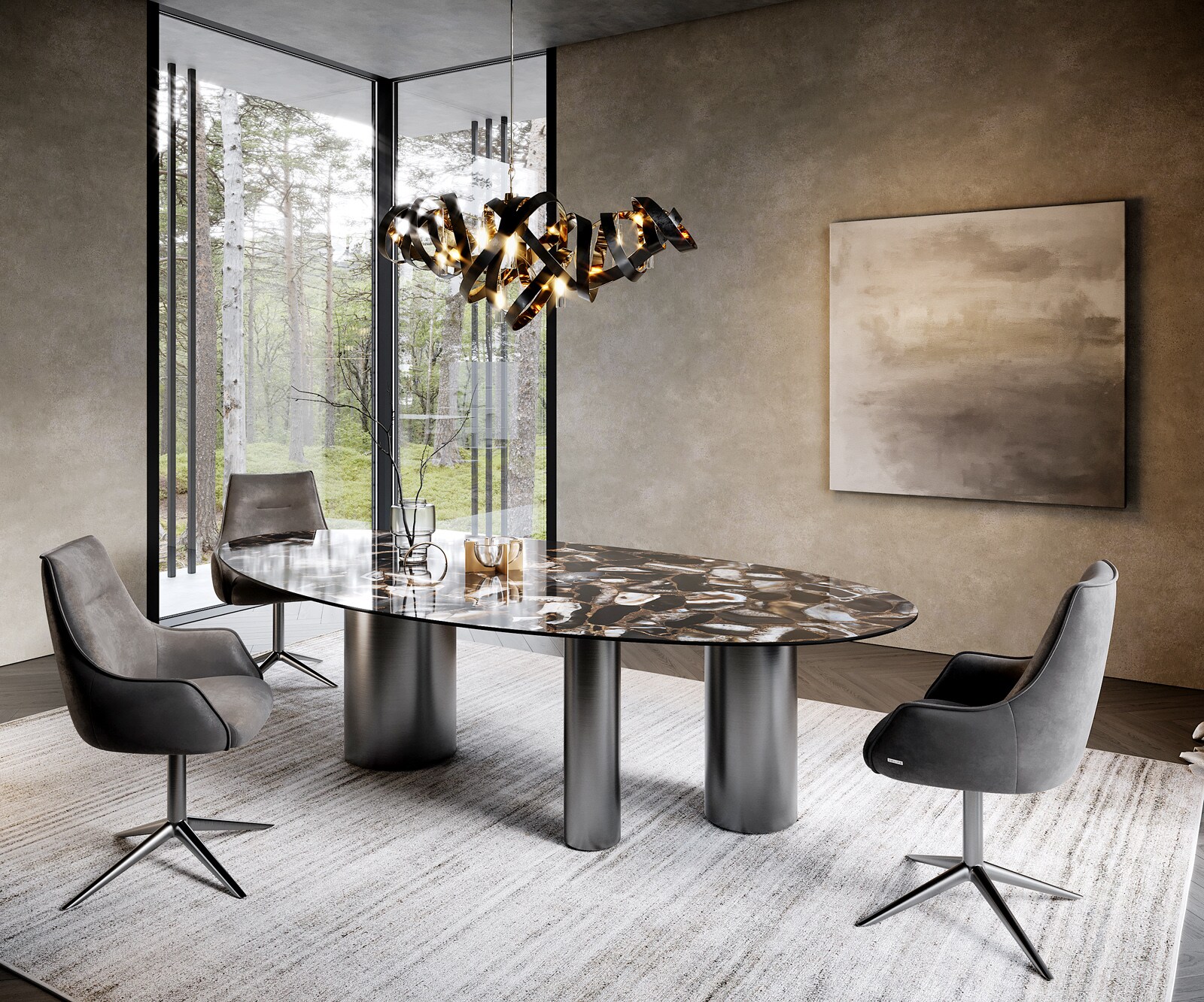 Eetkamertafel Edge ovaal 280x130 keramiek Iris FMG Agatablack Troa roestvrij staal grafiet 5