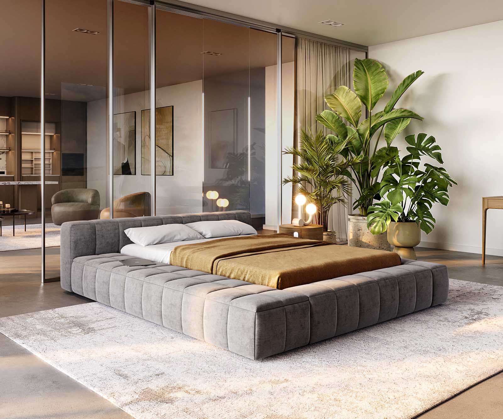 Espazio gestoffeerd bedframe 140x200 cm microvezel grijs met opbergruimte Espazio gestoffeerd bedframe 140x200 cm microvezel grijs met opbergruimte