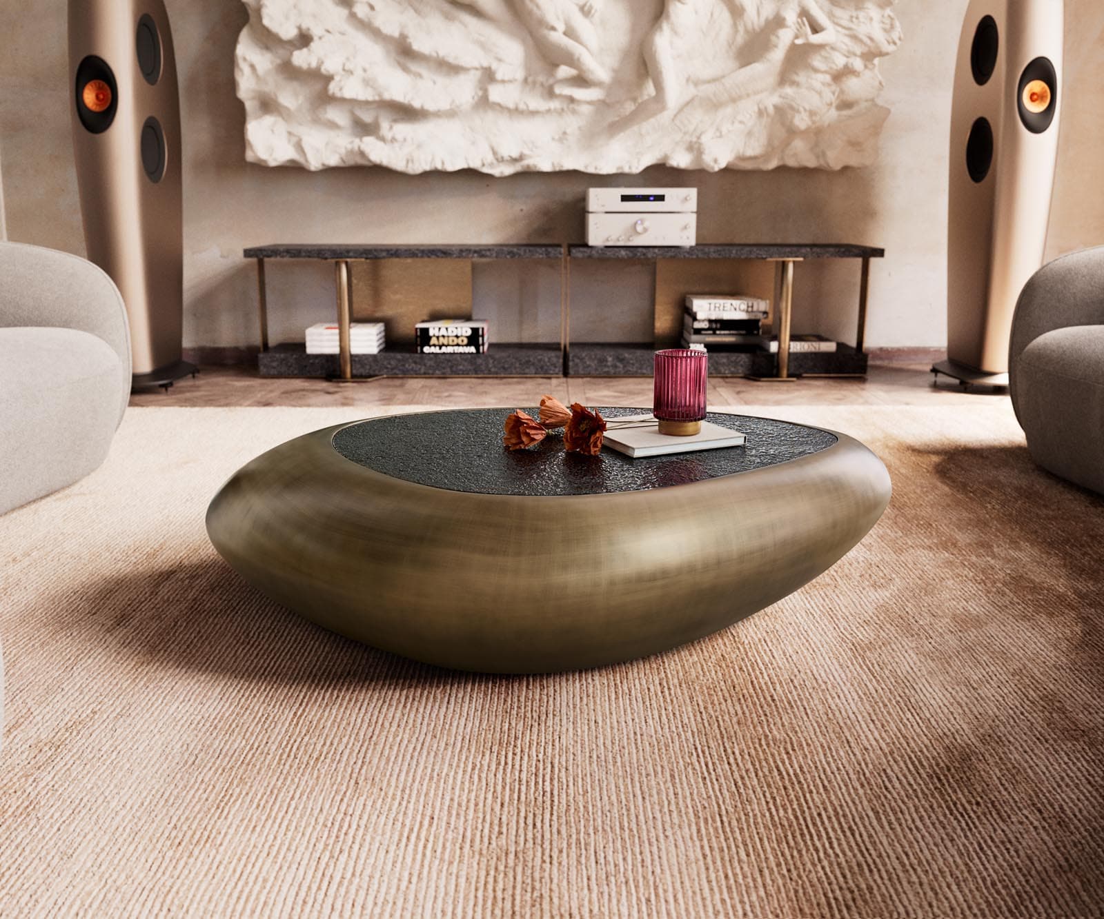 Salontafel Sagana 120x80 cm goud-metallic met reliëfglas taupe 1 Salontafel Sagana 120x80 cm goud-metallic met reliëfglas taupe 1