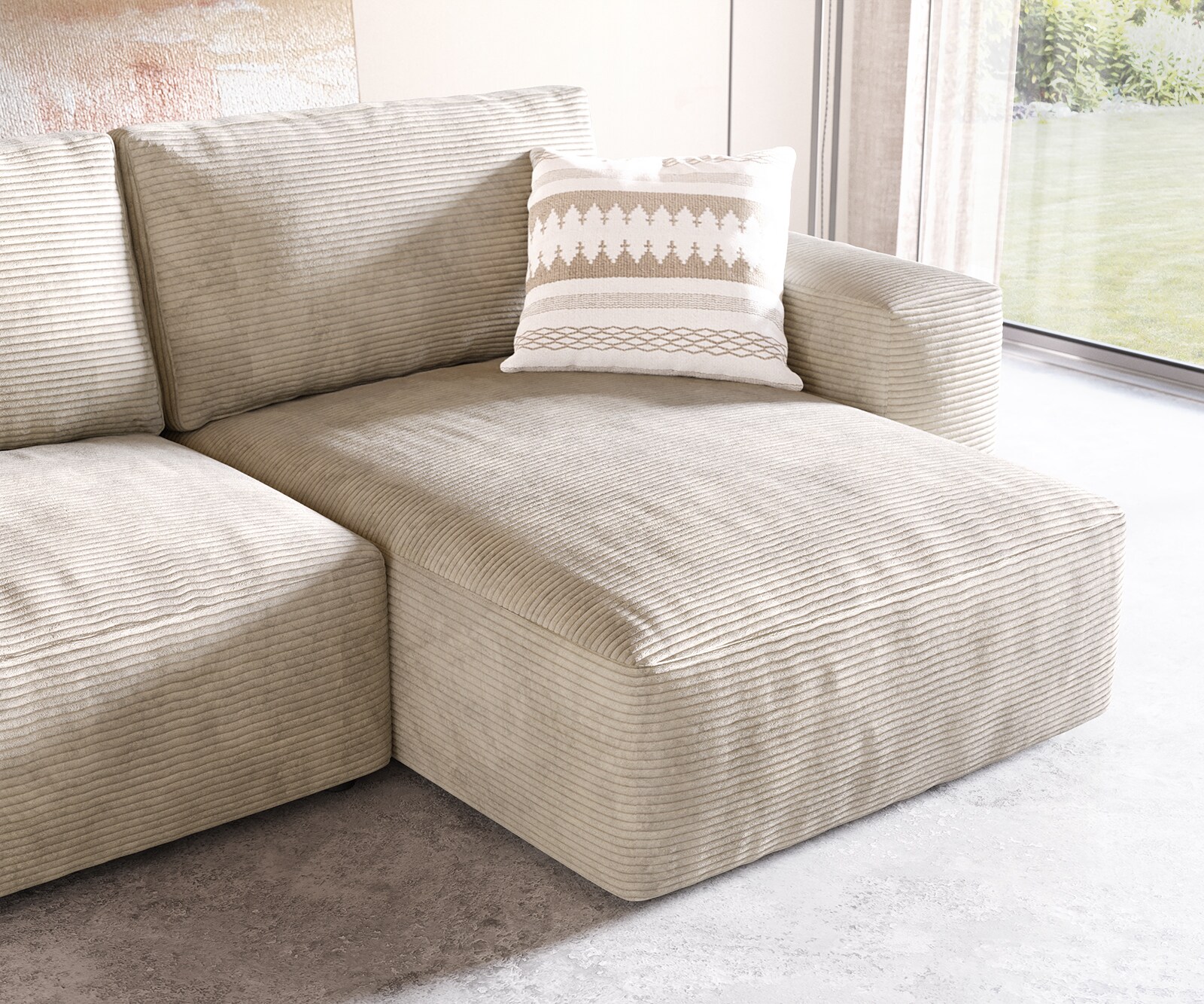 Hoeksofa Lanzo 230x155 cm ribcord beige met variabele recamière en hocker 5