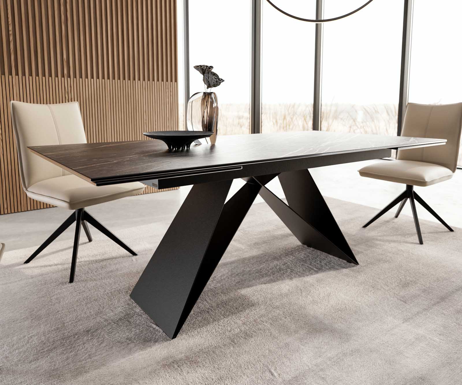 Eetkamertafel Edge 200-300x100 keramiek Laminam®Noir Desir bruin V-frame vlak staal zwart uitschuifbaar 5