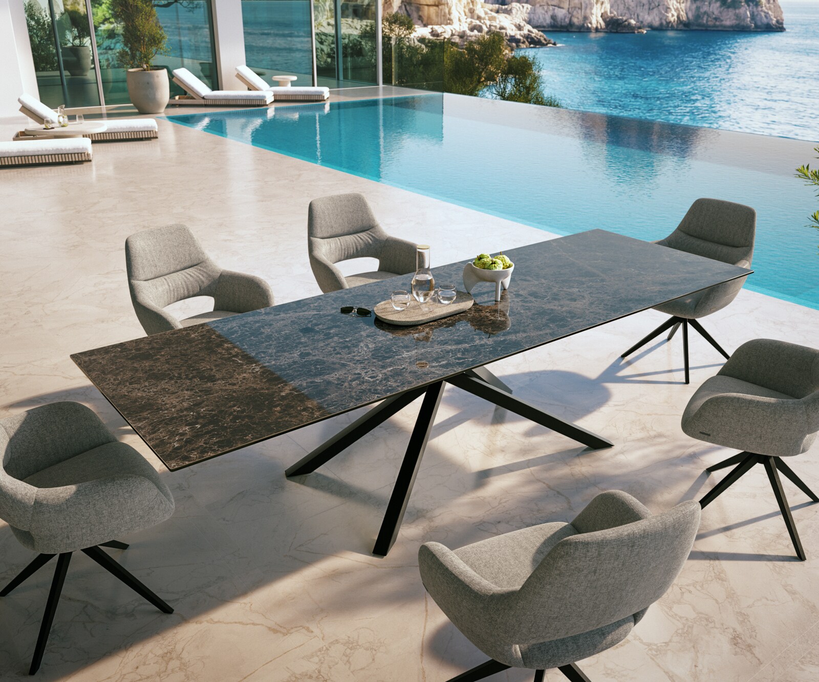 Outdoortafel Edge 300x100 cm keramiek Laminam® Emperador Extra Lucidato donkerbruin kruispoot rechthoekig zwart 4