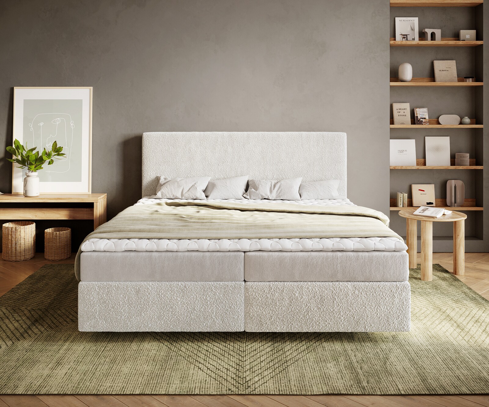 Boxspringbed Dream-Well 180x200 cm Bouclé Crème-Wit met Matras en Topper 1
