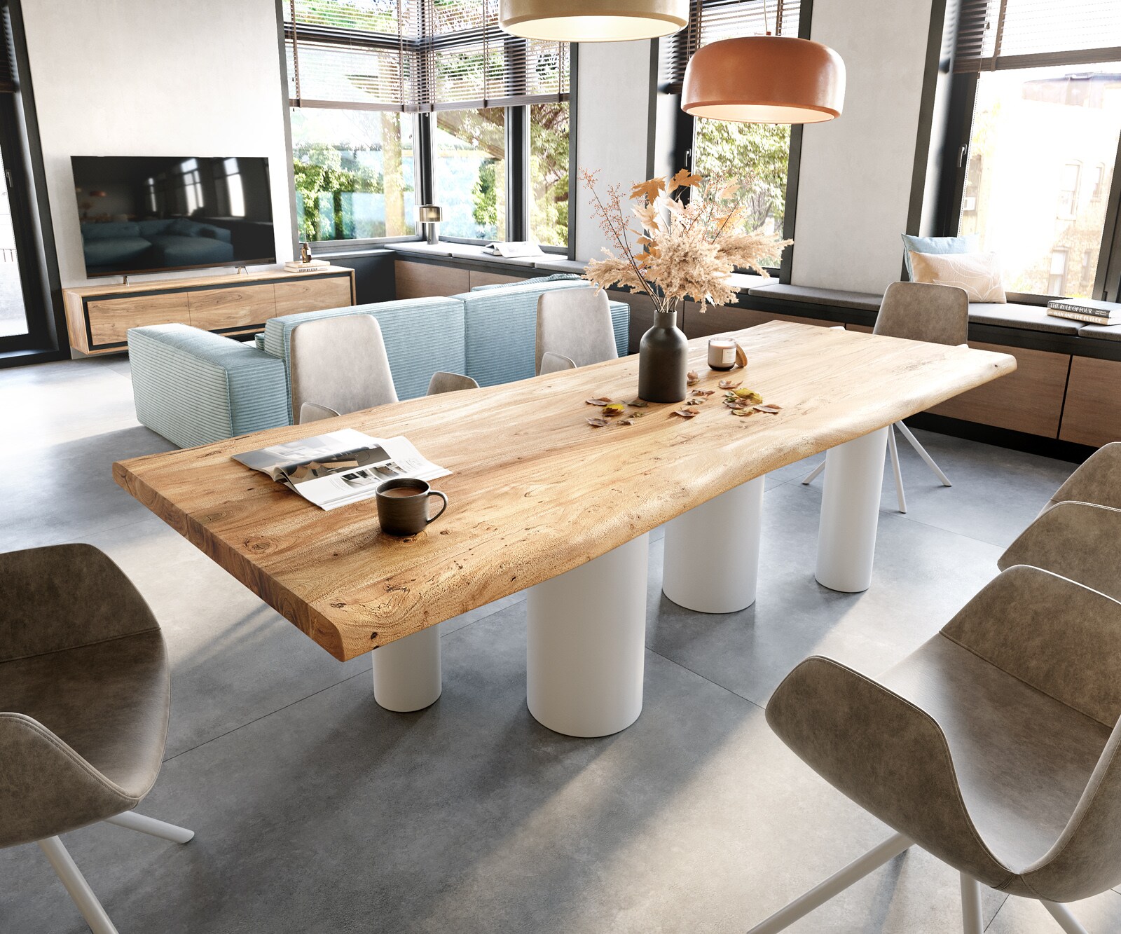 Eetkamertafel Edge 280x100 XL acacia natuurPilier metaal wit Live-Edge