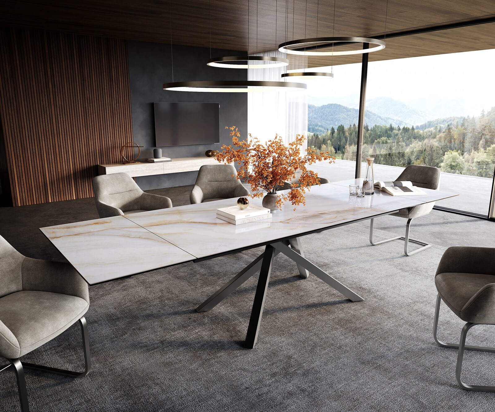 Eettafel Edge 200-300x100 cm keramiek Onyx Pearl kruisframe rechthoek roestvrij staal grafiet uittrekbaar 1