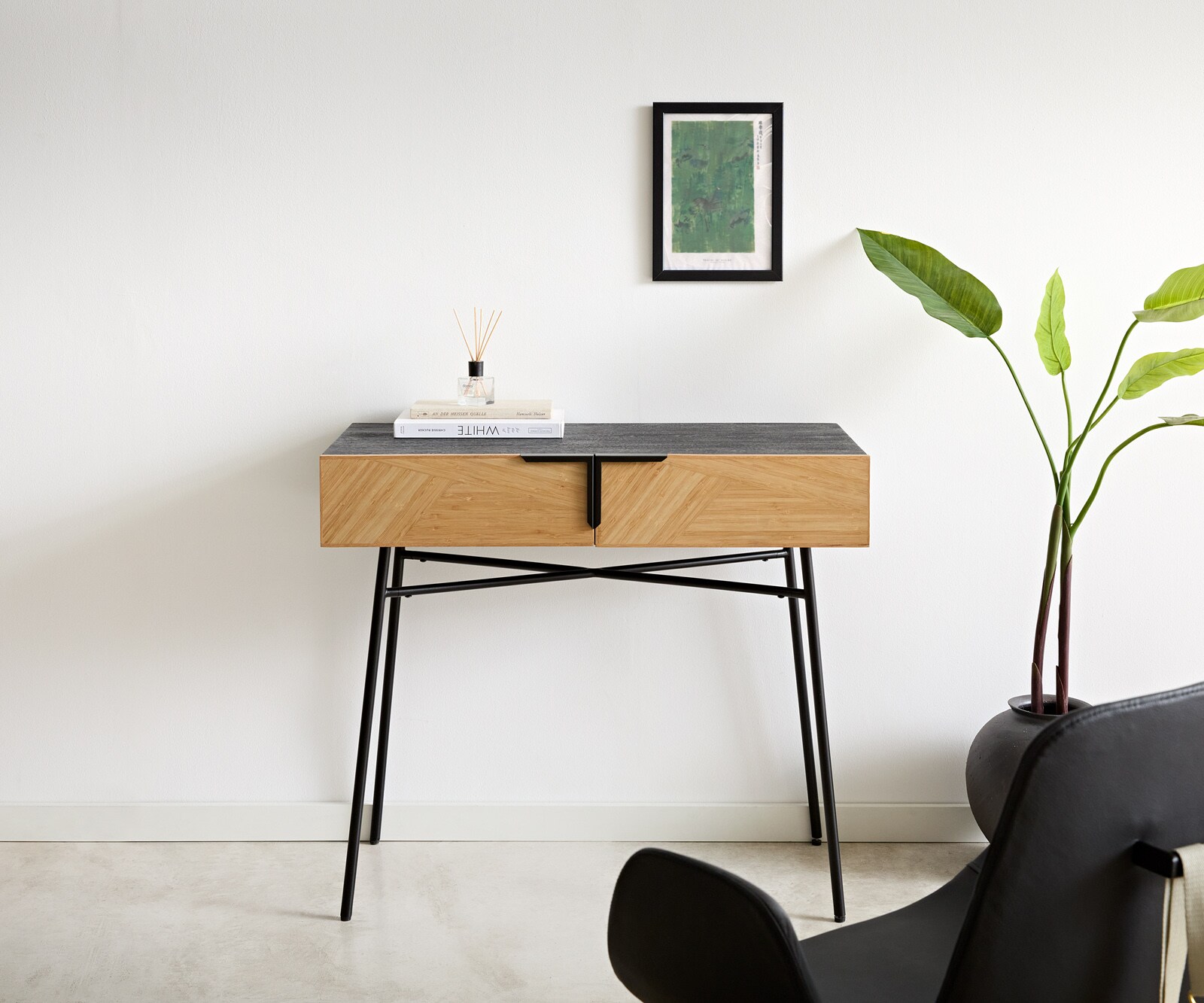 Nachtkastje Mikkusu 90x45 cm Bamboe Natural Mango Zwart 2 laden Metaal Zwart 1