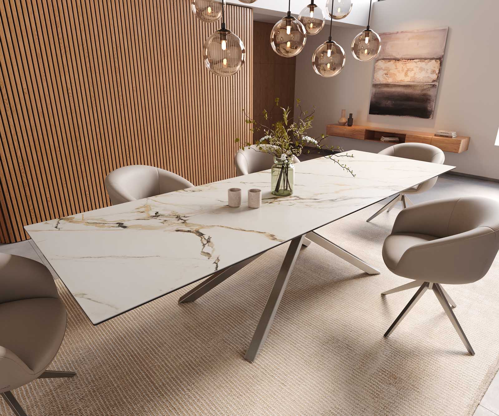 Eetkamertafel Edge 300x100 keramiek Calacatta Luxe wit-goud-grijs kruisframe rechthoek RVS 1