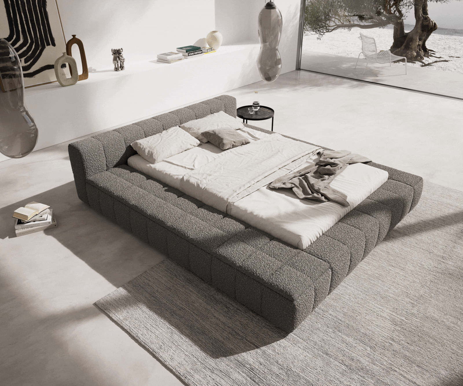 Gestoffeerd bed Espazio Bouclé 140x200 cm zilvergrijs met opbergruimte 2