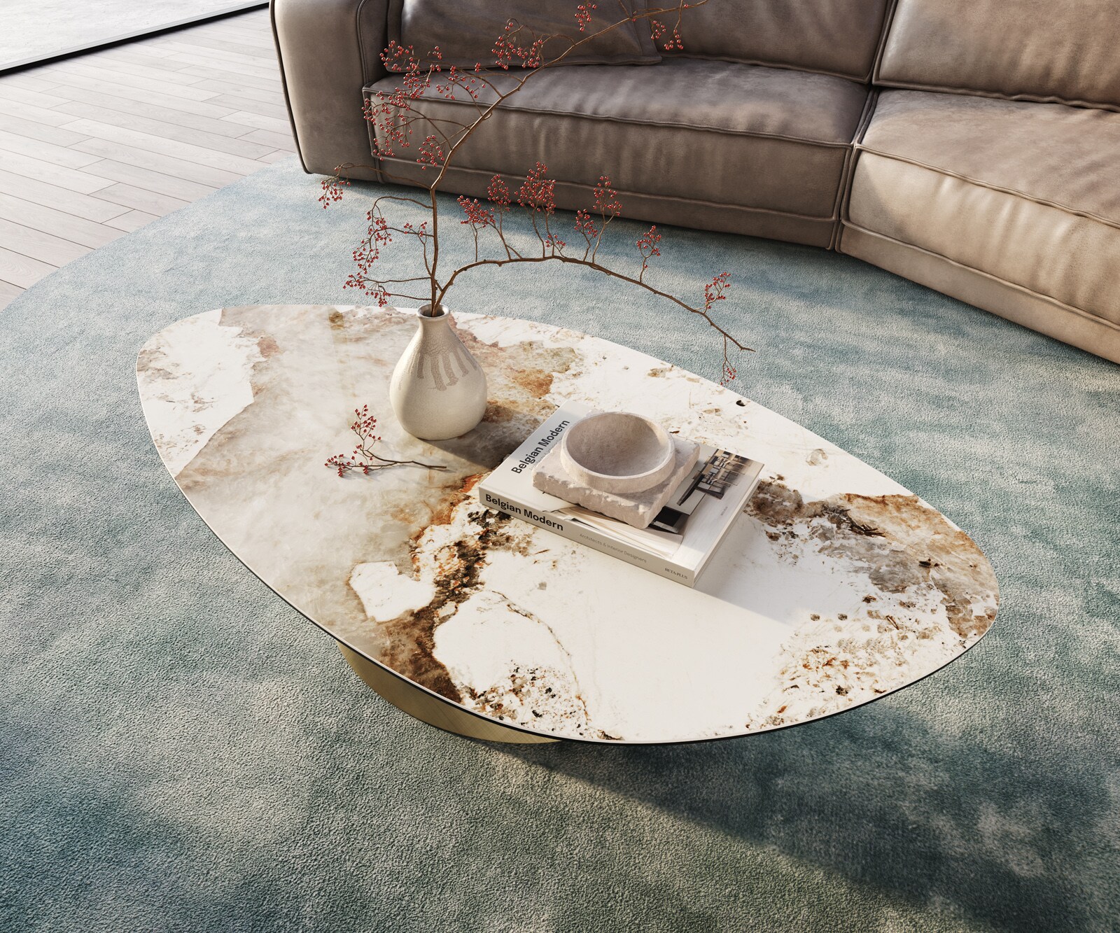 Salontafel Edge Organisch 140x76 cm keramiek Minas Melange Conis metallic goud 3