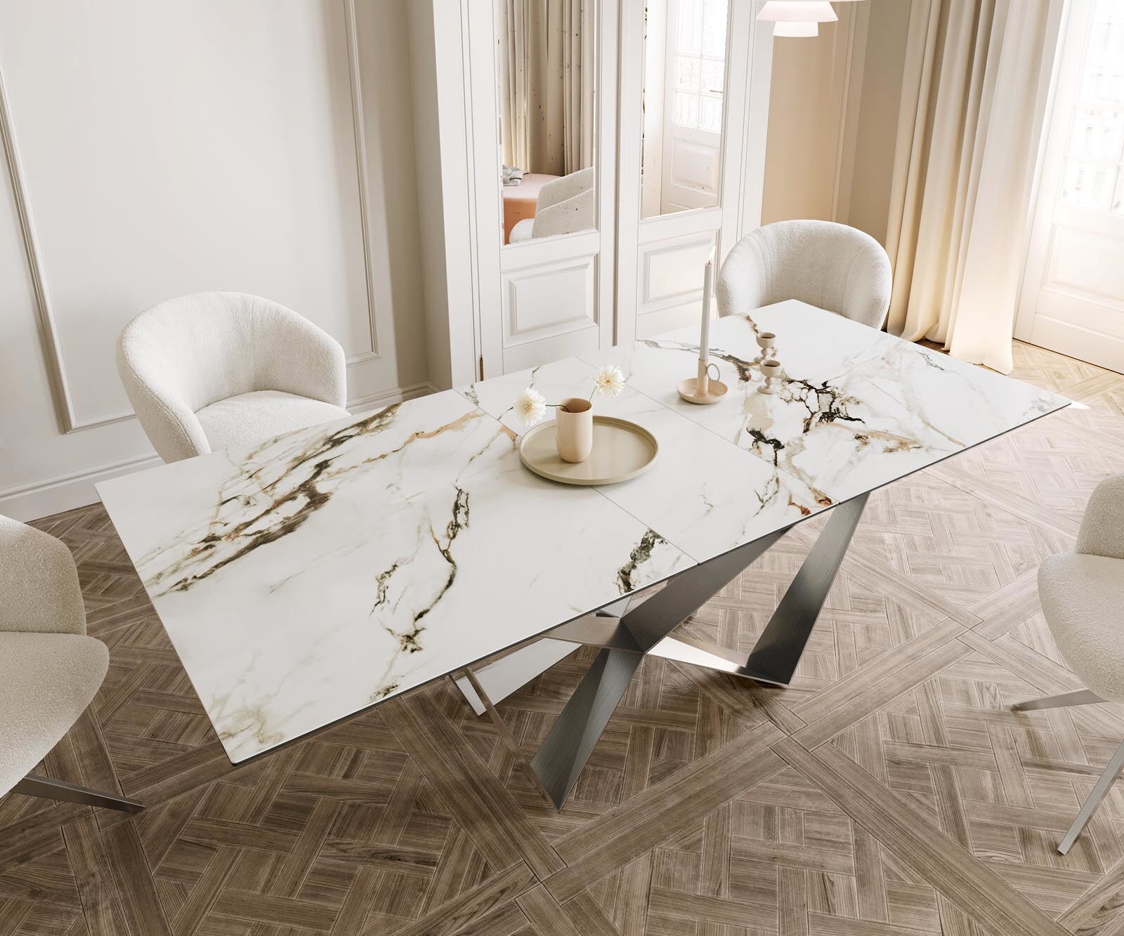 Eetkamertafel Edge 180-220x100 keramiek Calacatta Luxe wit-goud-grijs spider vlak staal RVS uitschuifbaar 3 Eetkamertafel Edge 180-220x100 keramiek Calacatta Luxe wit-goud-grijs spider vlak staal RVS uitschuifbaar 3