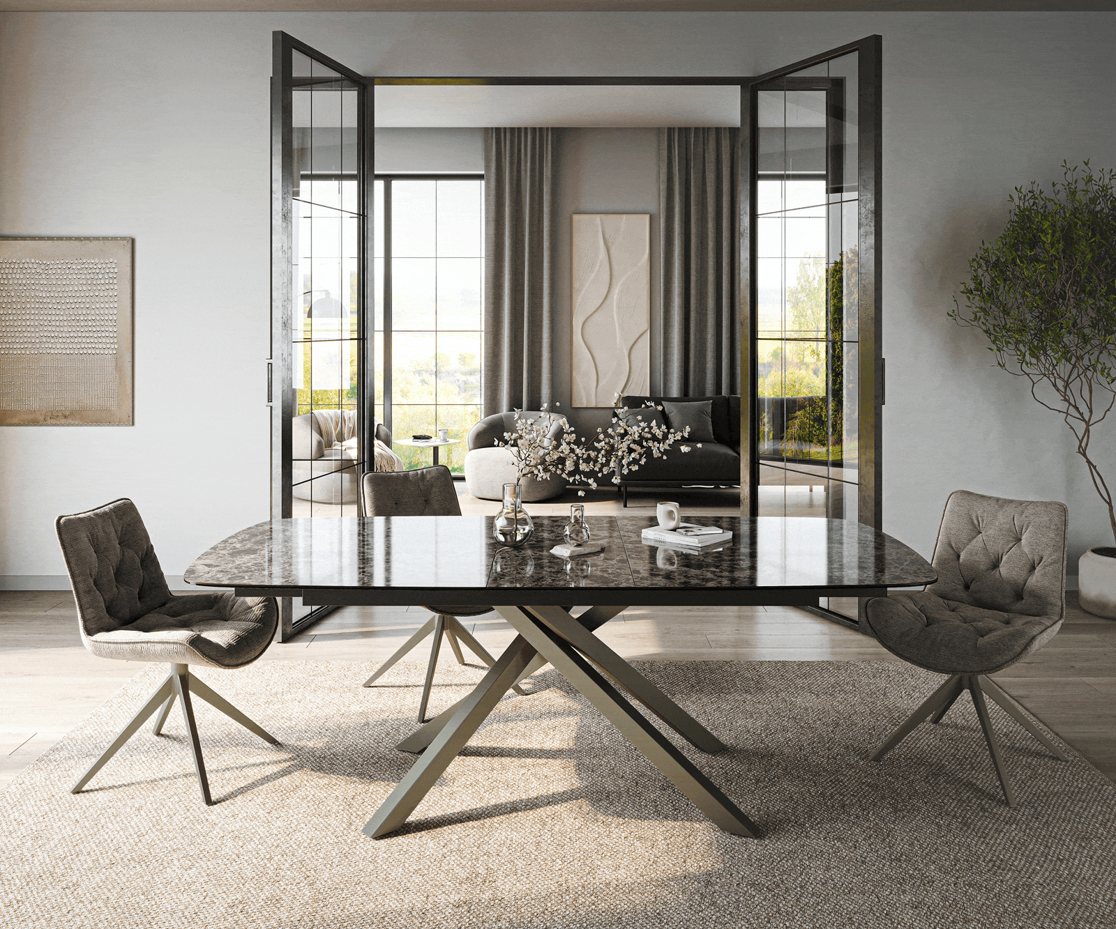 Eettafel Edge Boot 180-220x100 cm Keramiek Emperador Extra Lucidato Donkerbruin Kruisonderstel rechthoekig effectafwerking Titanium uitschuifbaar 2