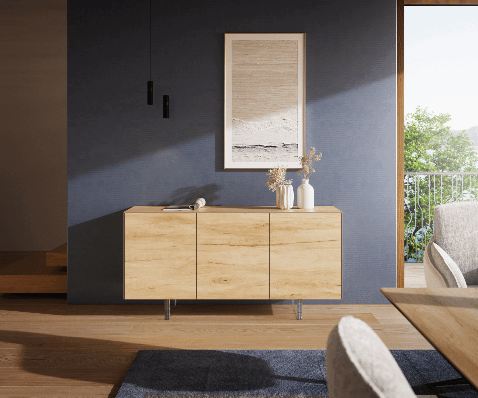 Dressoir Cuor 150 cm Keramiek Laminam® Sabbia Eiken gekleurd 3 Deuren Zwevende voet look Acrylglas 2