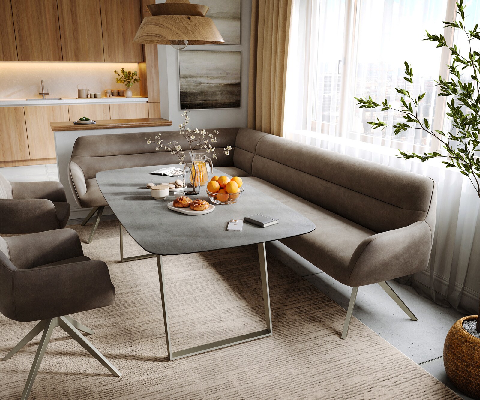 Eetkamerbank Taya-Flex 285x190 cm microvelours taupe vintage hoekig kruisframe afwerking met titaniumeffect pocketvering rechts 1