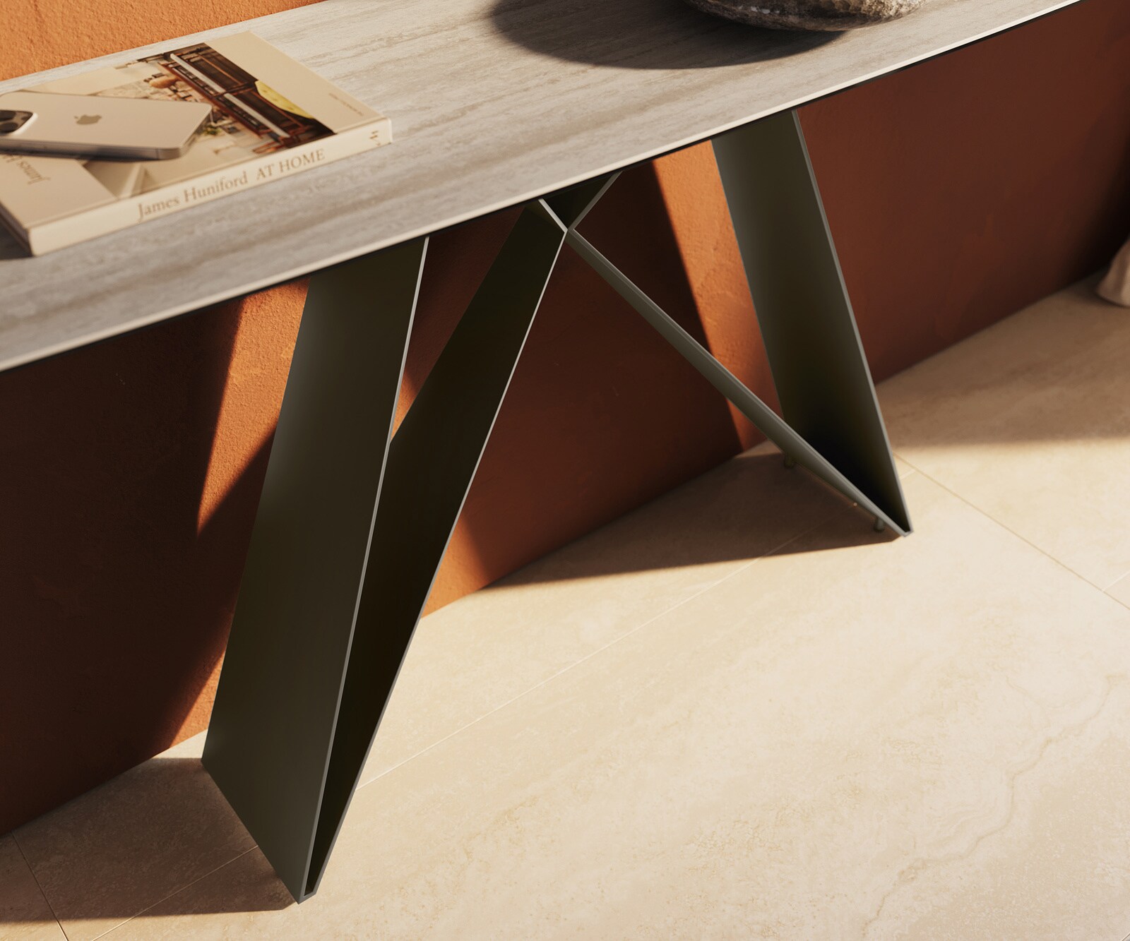 Consoletafel Edge Bootvorm 180x40 cm Keramiek Laminam® Travertino Bianco Creme-Weiß Velio Metaal Effektfinish Titan 6