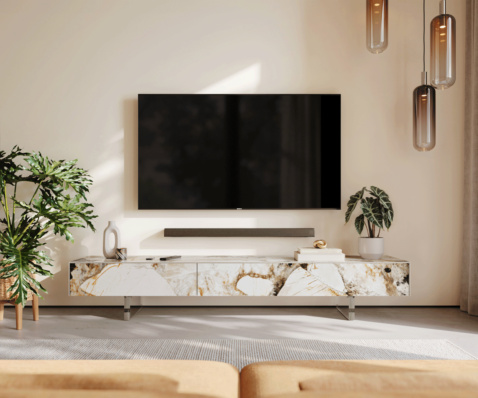Tv-meubel Cuor 200 cm Keramiek Patagonia gepolijst 1 Flap 1 Laden Zwevende voet look Acrylglas 2