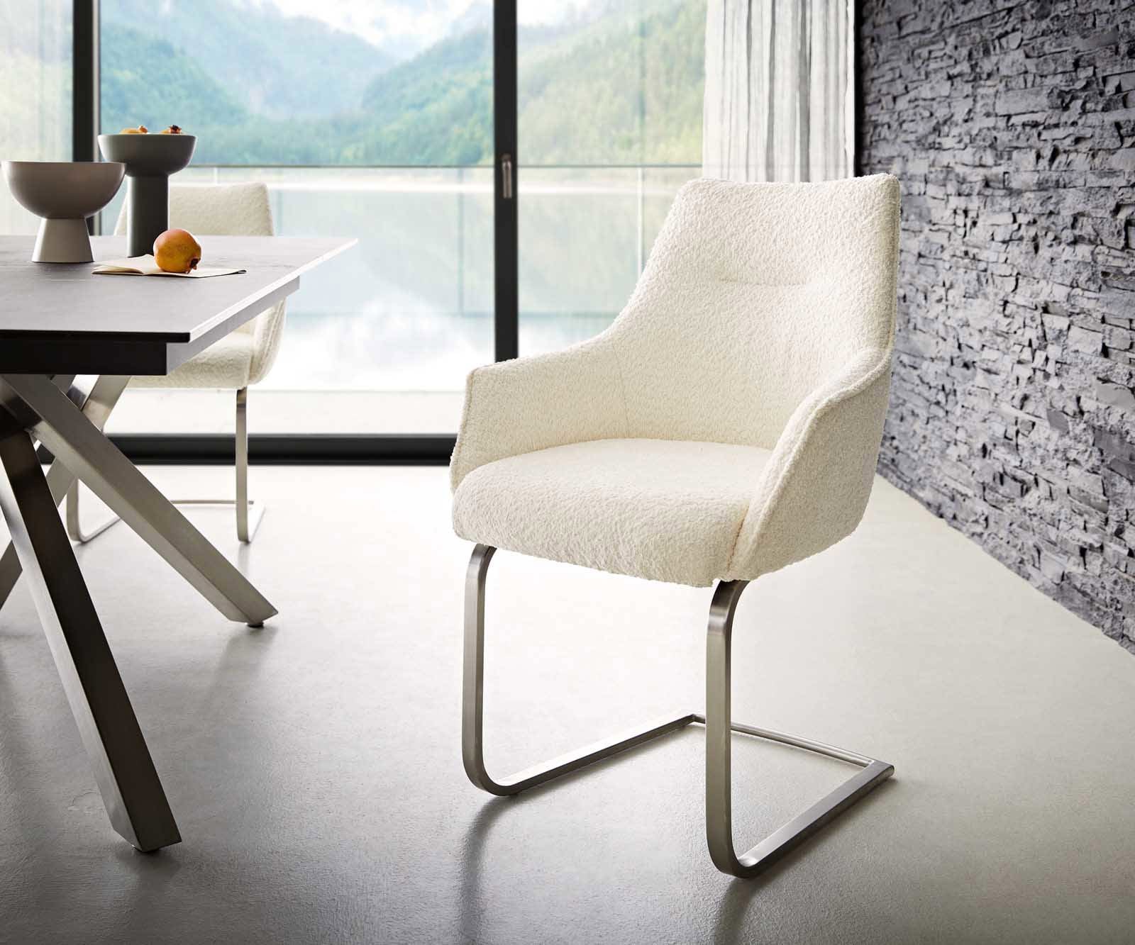 Sledemodel Alja-Flex met armleuning bouclé wit sledemodel vlak roestvrij staal pocketveer kern Sledemodel Alja-Flex met armleuning bouclé wit sledemodel vlak roestvrij staal pocketveer kern