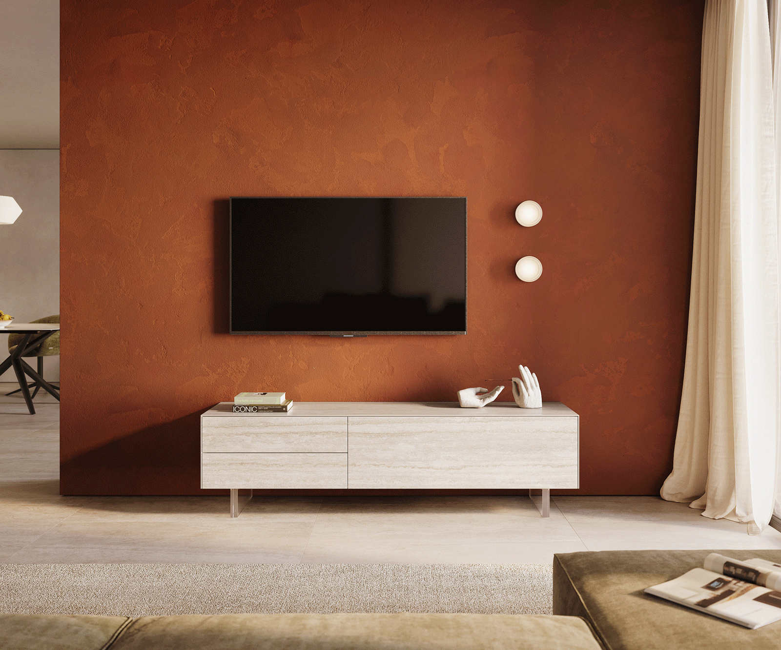 Tv-meubel Cuor 180 cm Keramiek Laminam® Travertino Bianco Crème-wit 1 Flap 2 Laden Zwevende voet look Acrylglas 2