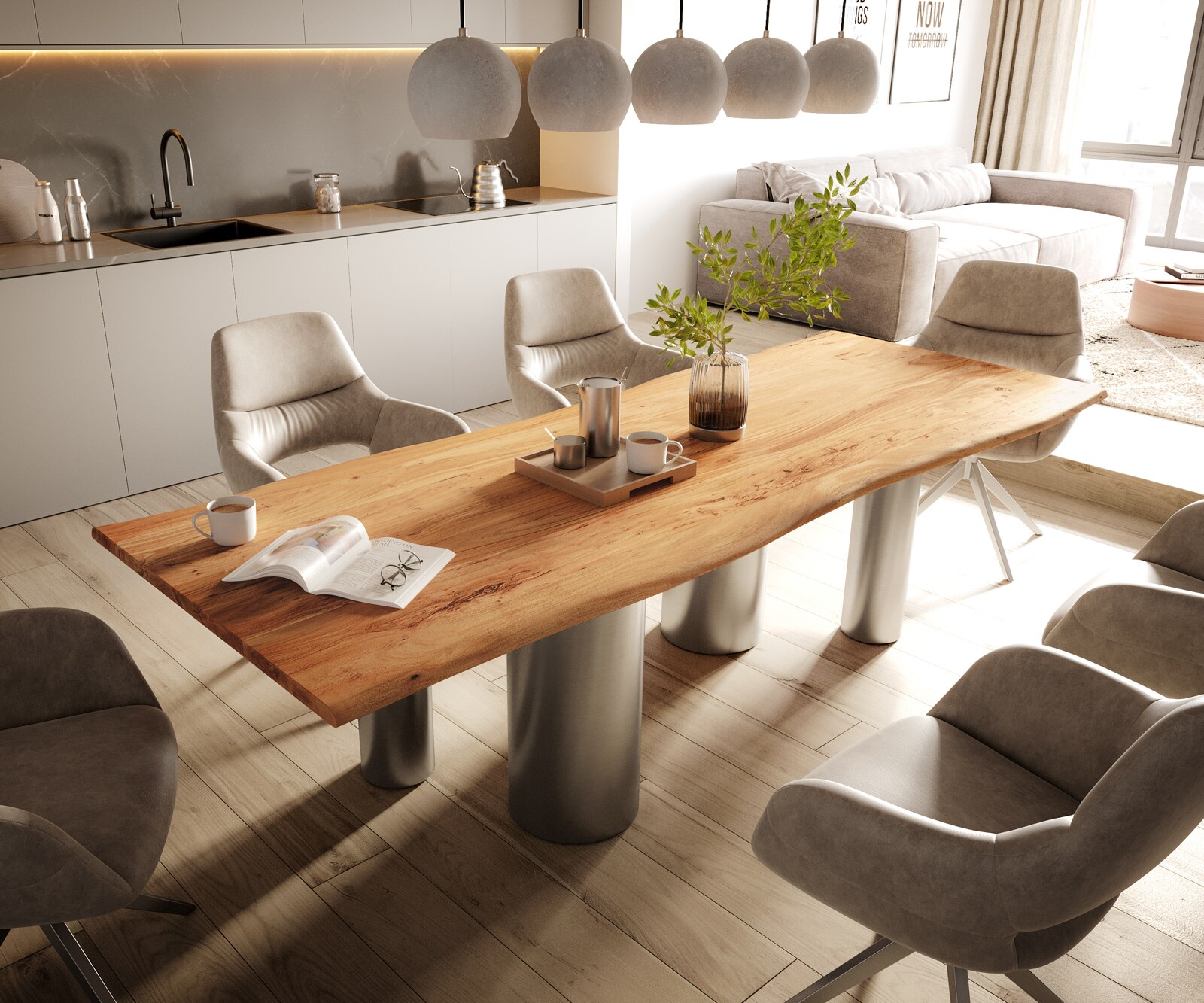 Eetkamertafel Edge 260x100 acacia natuurPilier roestvrij staal geborsteld Live-Edge
