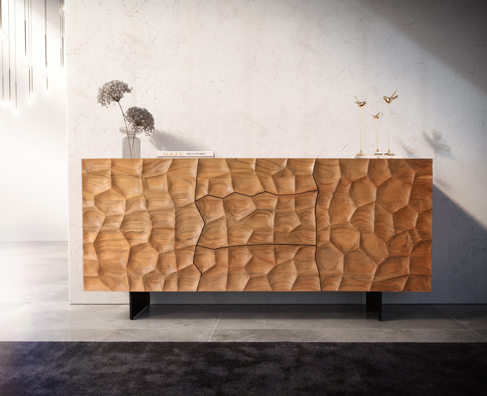 Dressoir Solu 175 cm acacia natuur 2 deuren 3 laden onderstel zwevend metaal zwart 3D-front 1