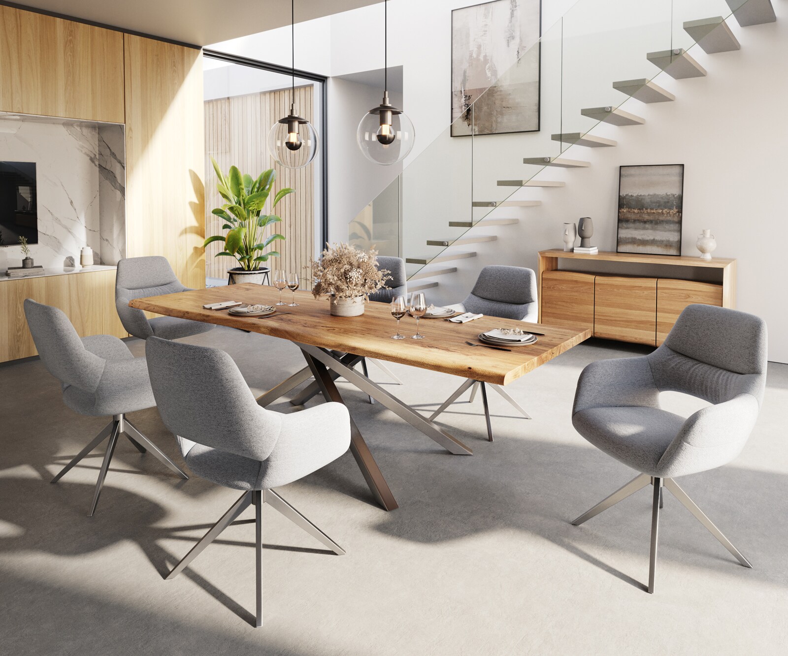Eetkamerstoel Yago-Flex met armleuning structuurstof lichtgrijs kruisframe breed roestvrij staal pocketveer kern 3 Eetkamerstoel Yago-Flex met armleuning structuurstof lichtgrijs kruisframe breed roestvrij staal pocketveer kern 3