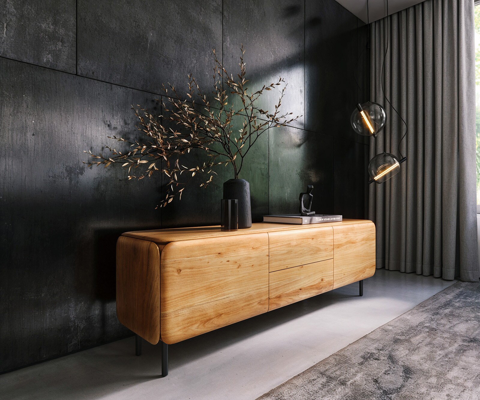 TV-meubel Shavani 175 cm acacia natuur 2 deuren 2 lades ronde voet metaal zwart