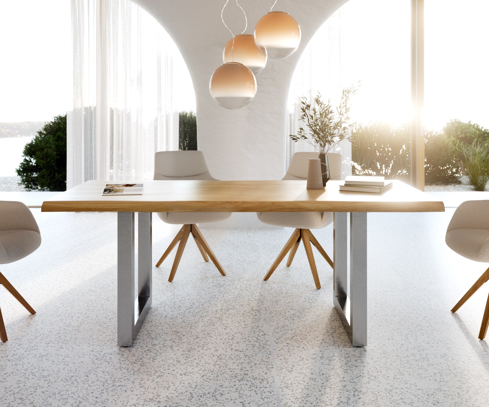 Eettafel Edge 200x100 eiken natuur roestvrij staal  breed Live-Edge gelakt 1 Eettafel Edge 200x100 eiken natuur roestvrij staal  breed Live-Edge gelakt 1