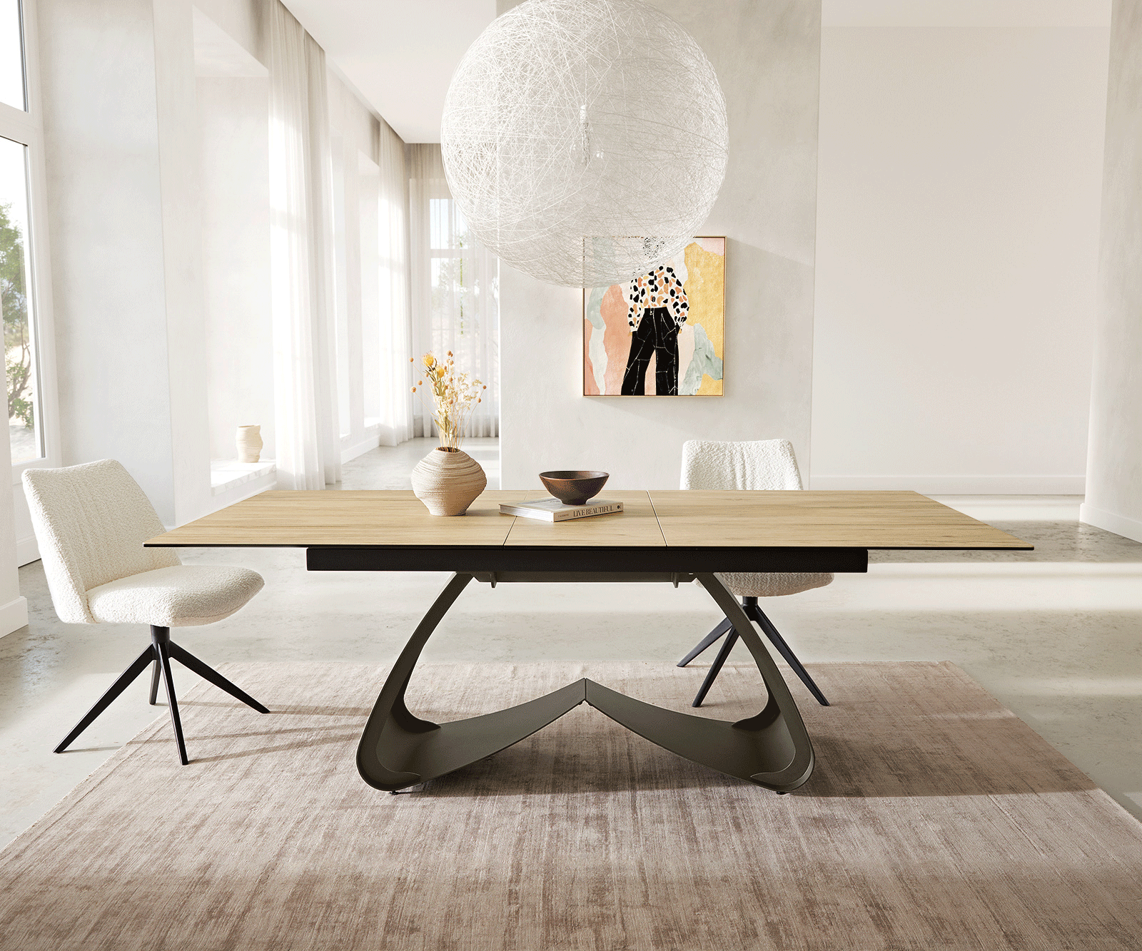 Eettafel Edge 180-220x100 keramiek Laminam® Sabbia Eikenkleur W-kaomeffect afwerking titanium Uitschuifbaar 5