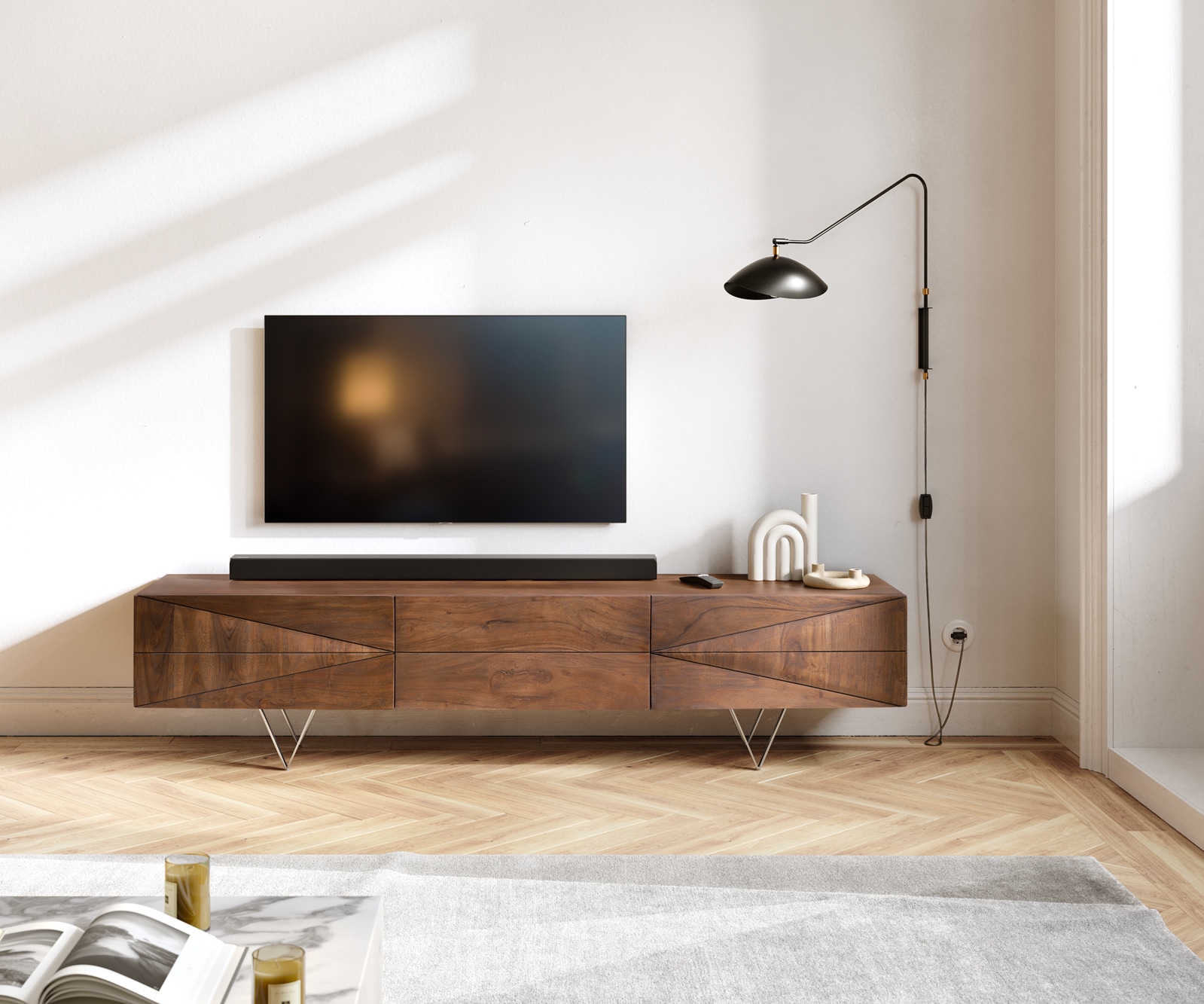 Designer-tv-meubel Wyatt 175 cm acacia bruin 3 laden Designer-tv-meubel Wyatt 175 cm acacia bruin 3 laden