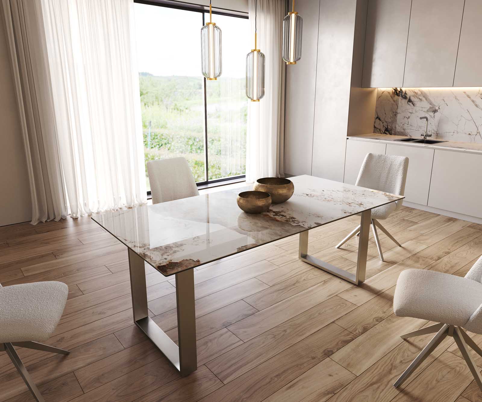 Eetkamertafel Edge 200x100 keramiek Minas Melange wit-beige RVS Schmal Eetkamertafel Edge 200x100 keramiek Minas Melange wit-beige RVS Schmal