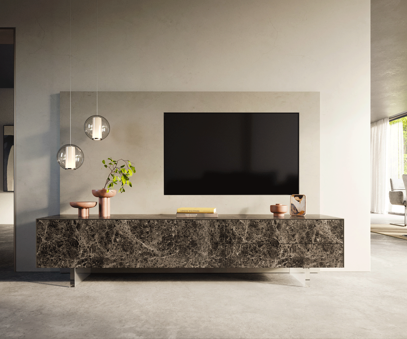 Tv-meubel Cuor 220 cm Keramiek Emperador Extra Lucidato Donkerbruin 1 Flap 2 Laden Zwevende voet look Acrylglas 2