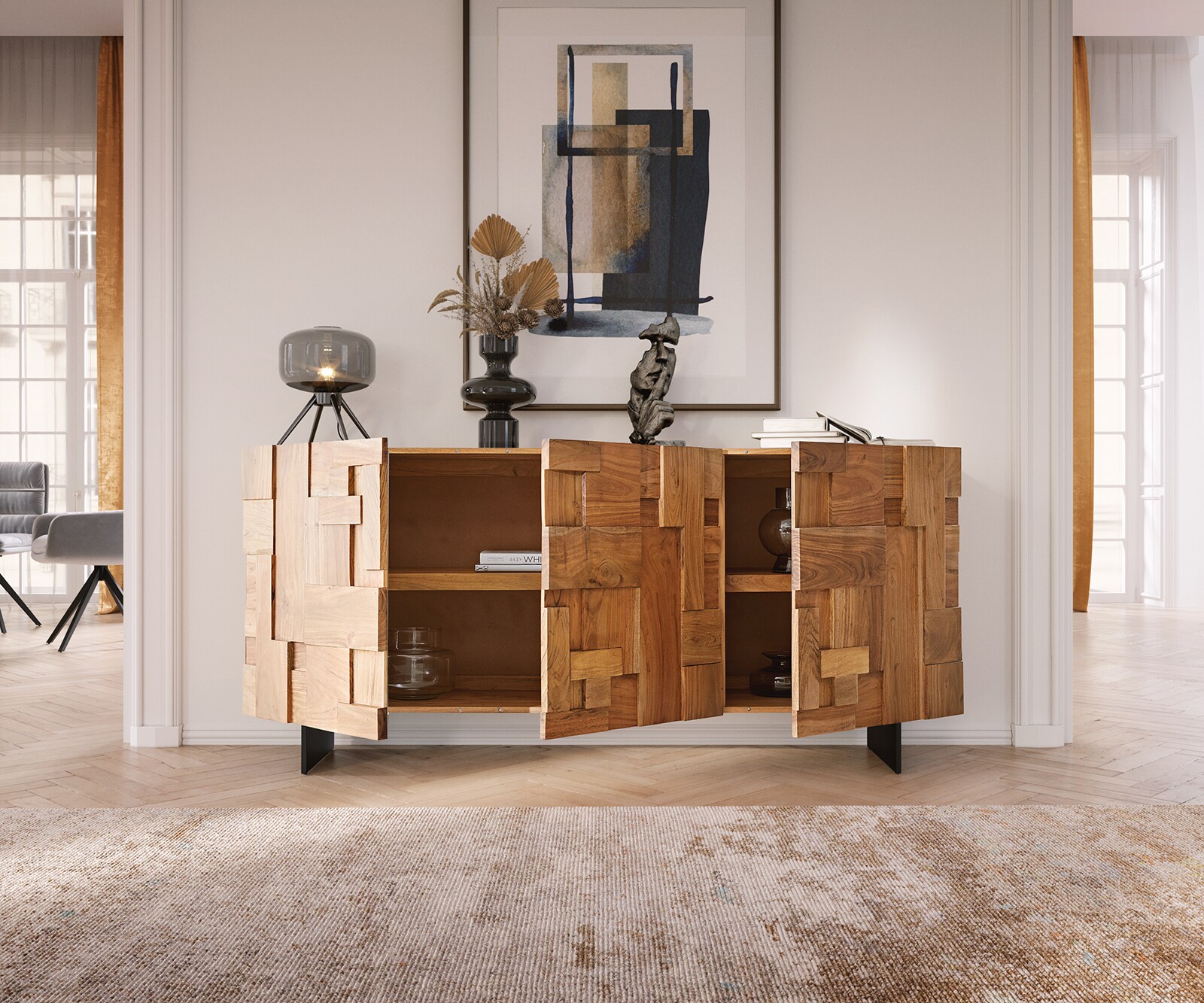 Dressoir Puzzle 175 cm acacia natuur 3 deurs poot zwevend metaal zwart 3