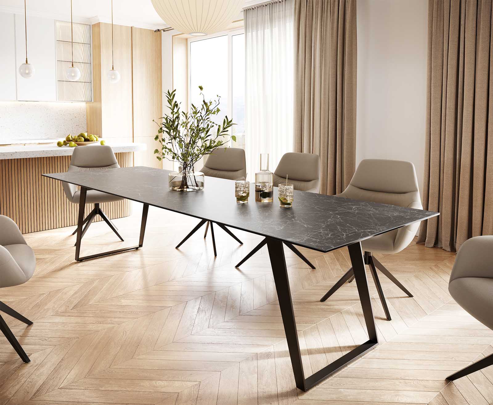 Eettafel Edge 300x100 keramiek Laminam® Nero Greco grijs metaal schuin zwart