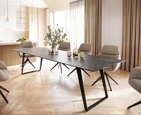 Eettafel Edge 300x100 keramiek Laminam® Nero Greco grijs metaal schuin zwart