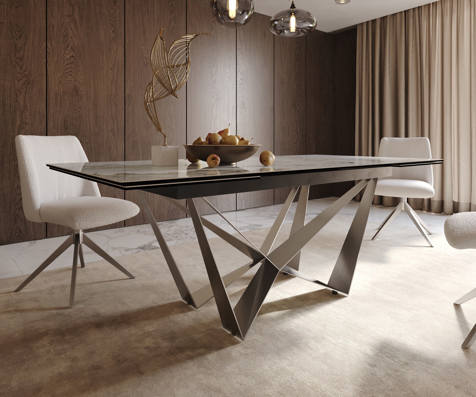 Eetkamertafel Edge 200-300x100 keramiek Minas Melange wit-beige spider vlak staal RVS uitschuifbaar 7