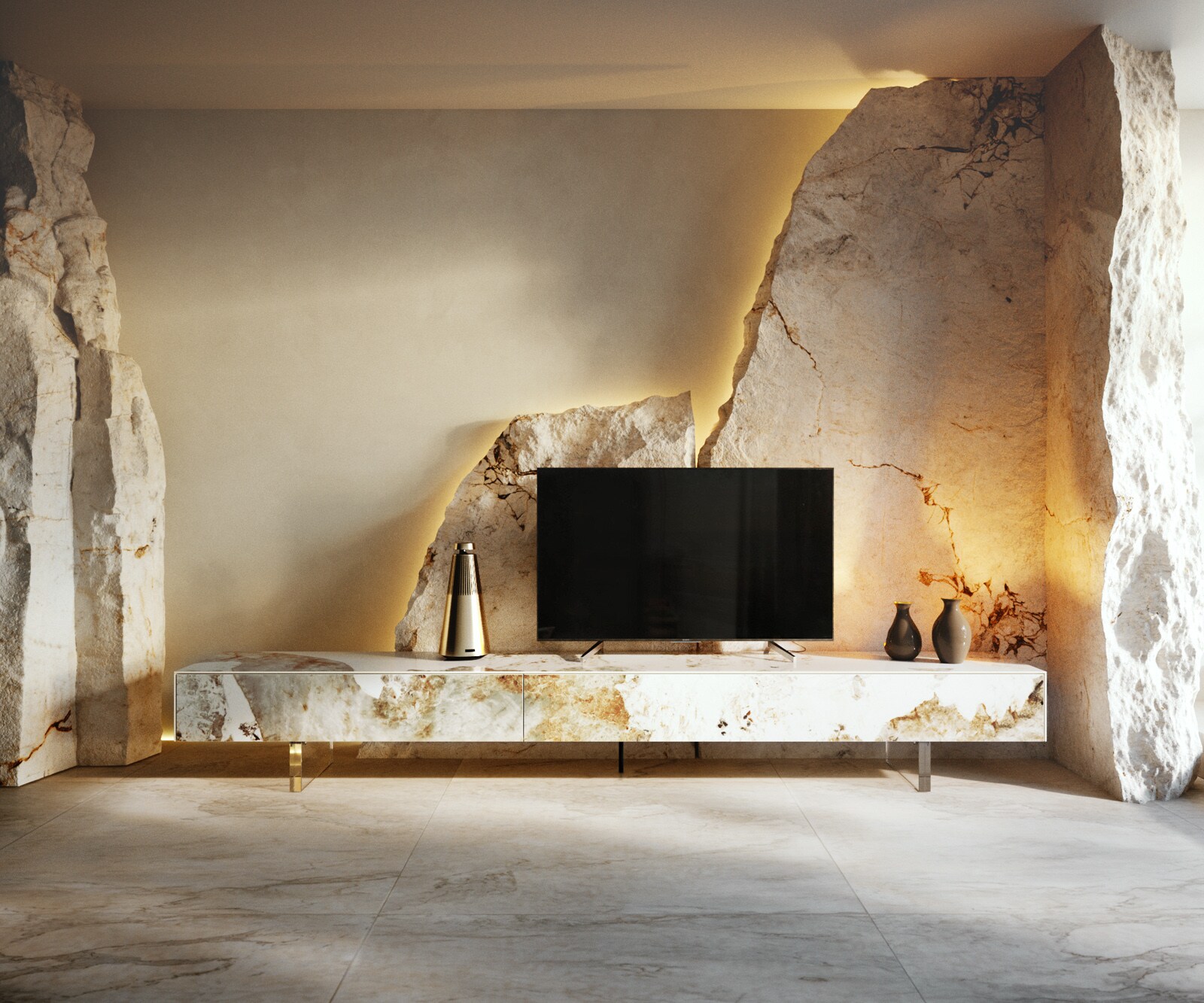Tv-meubel Cuor 250 cm Keramiek Minas Melange Wit-beige 1 Flap 1 Lade Zwevende voet look Acrylglas