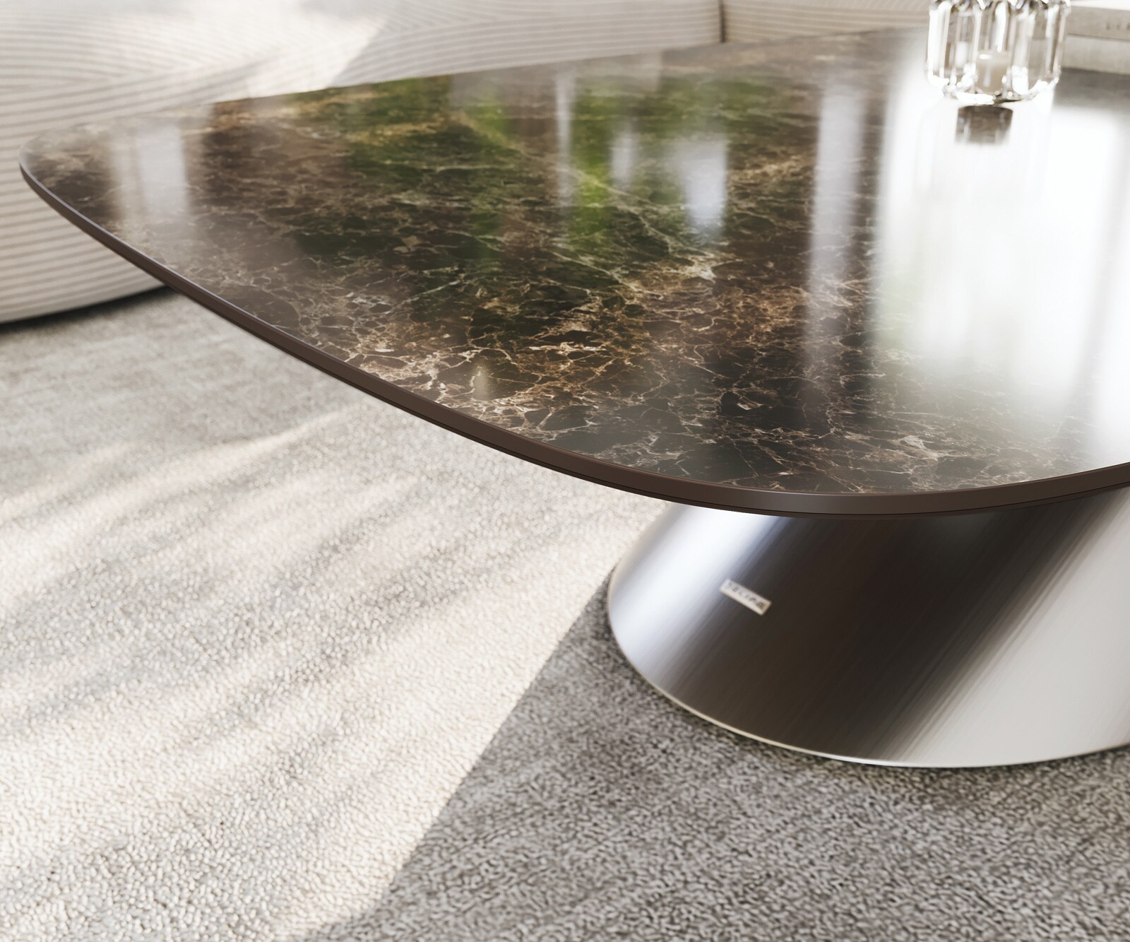 Salontafel Edge Boot 140x80 cm keramiek Laminam® Emperador Extra Lucidato donkerbruin Conis geborsteld roestvrij staal 6