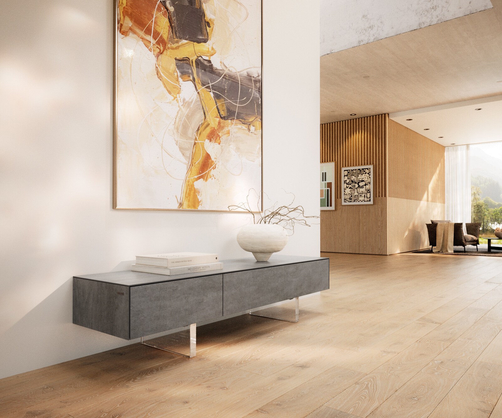 Tv-meubel Cuor 150 cm Keramiek Beton Grijs 1 Flap 1 Laden Zwevende voet look Acrylglas 1