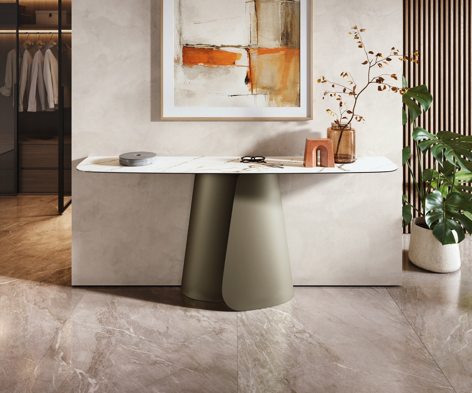 Consoletafel Edge Bootvorm 180x40 cm Keramiek Calacatta Luxe Weiß-Gold-Grijs Livos Metaal Effektfinish Titan 1