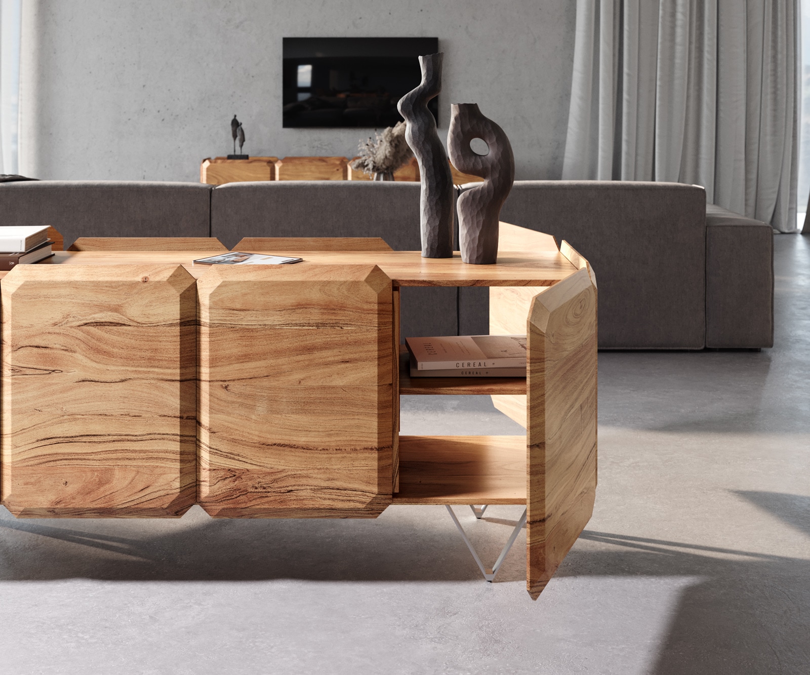 Sideboard Kiano 175 cm Acacia Natuur 4 Deuren V-voet Edelstaal Roomdivider 4 Sideboard Kiano 175 cm Acacia Natuur 4 Deuren V-voet Edelstaal Roomdivider 4