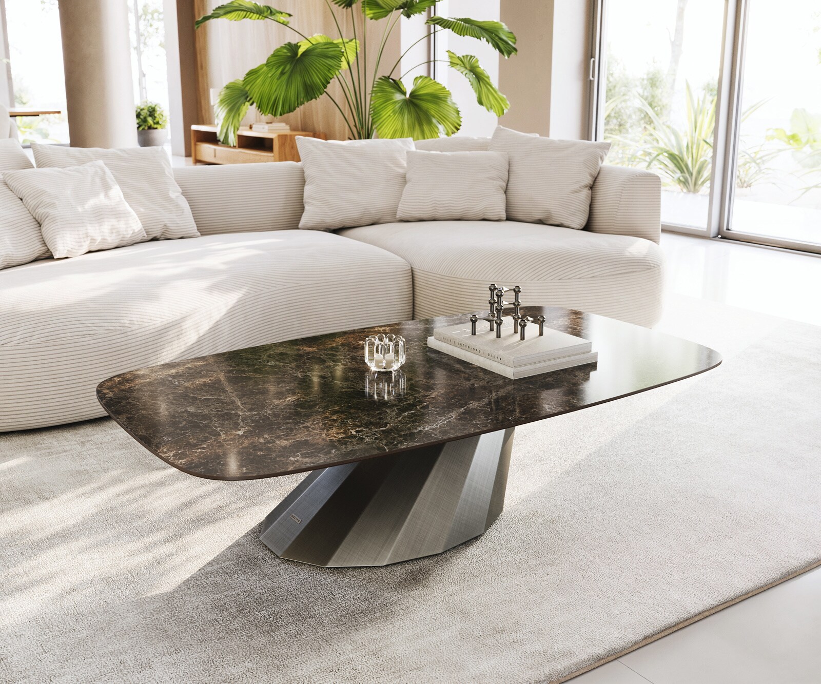 Salontafel Edge bootvorm 140x80 cm keramiek Emperador Extra Lucidato donkerbruin Parabi metallic zilver 1