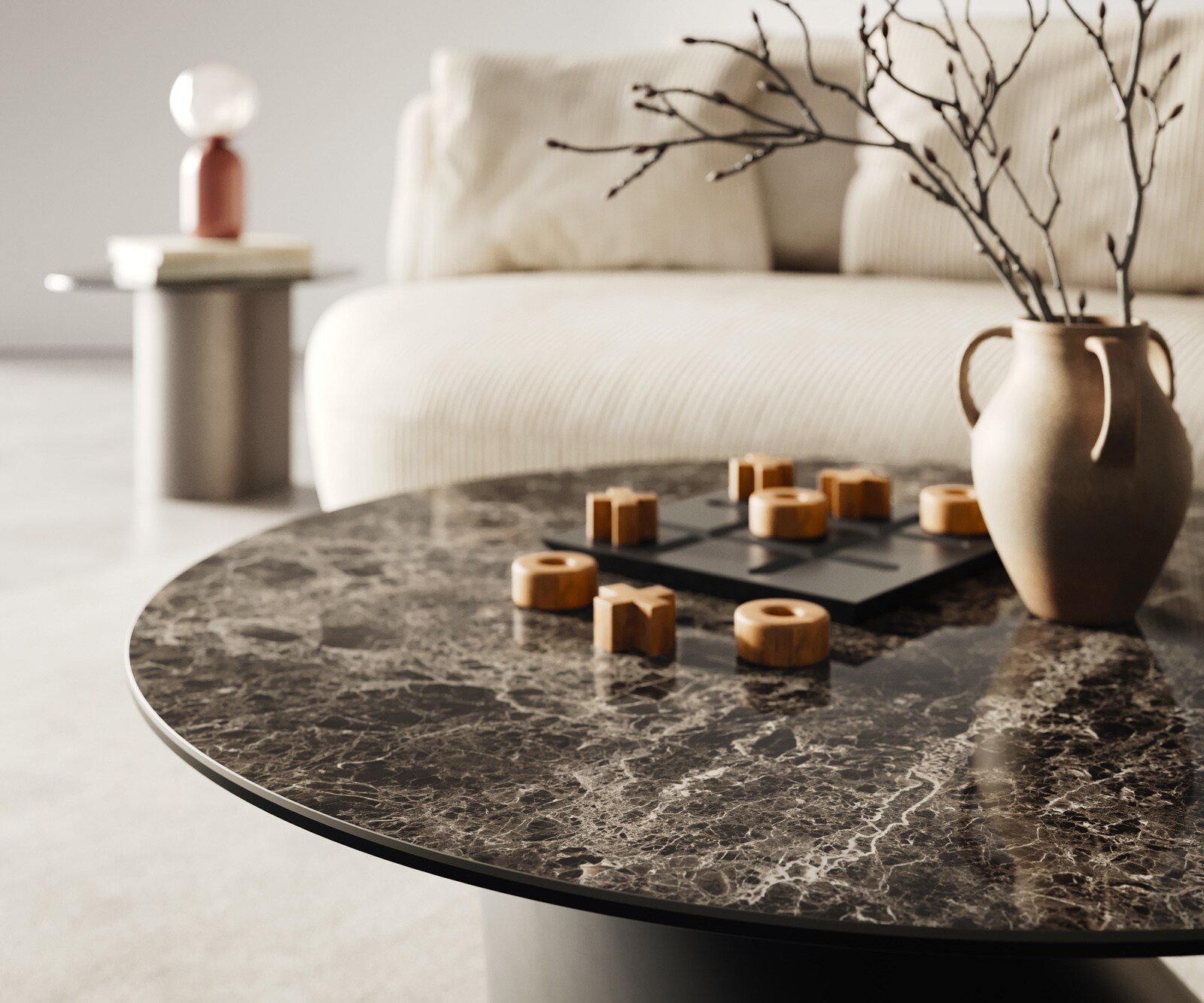 Salontafel Edge rond 90x90 cm keramiek Laminam® Emperador Extra Lucidato donkerbruin Conis zwart metaal 4