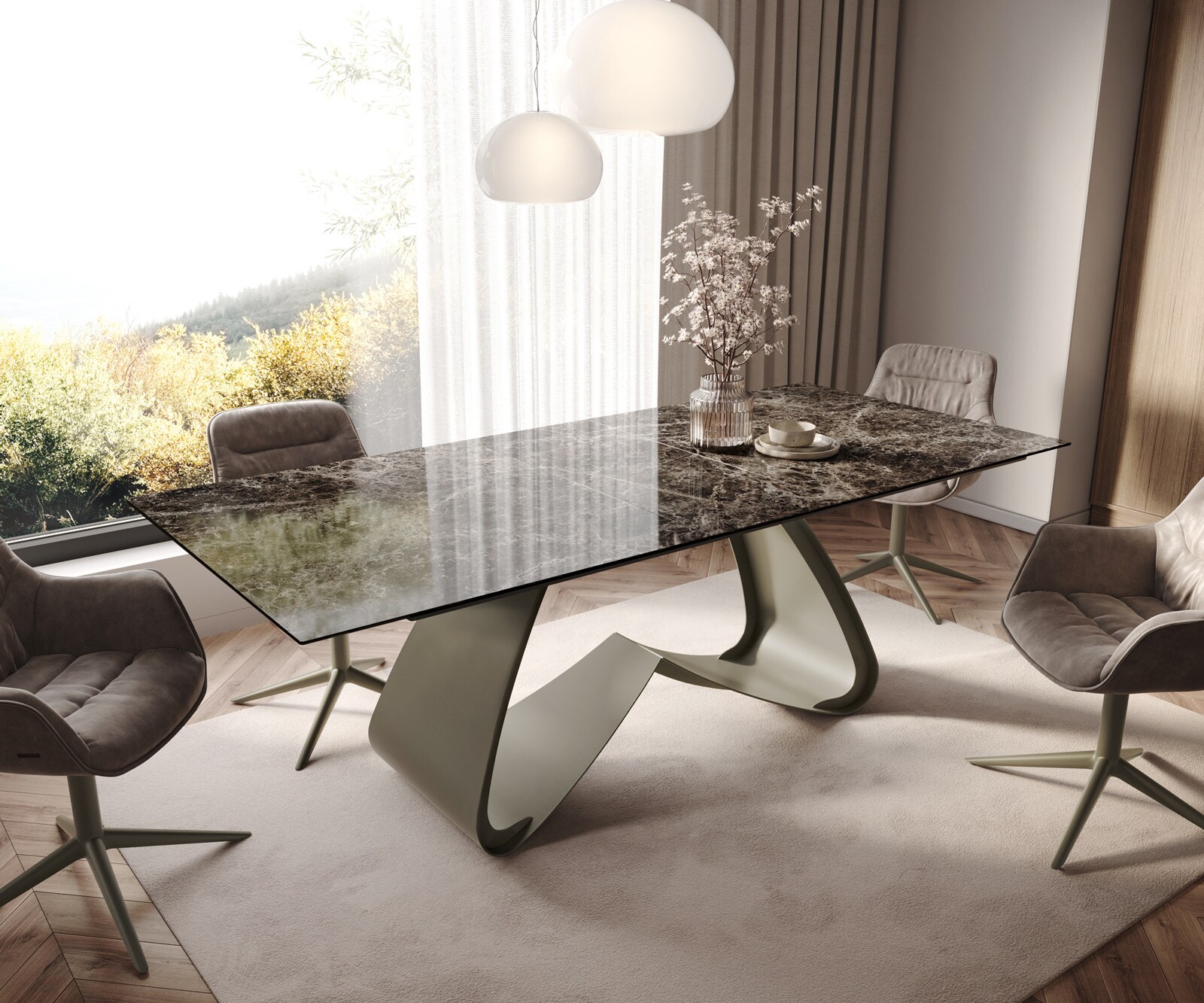 Eettafel Edge Keramiek Emperador Extra Lucidato Donkerbruin 180-220x100 W-onderstel effectafwerking Titanium uitschuifbaar 1