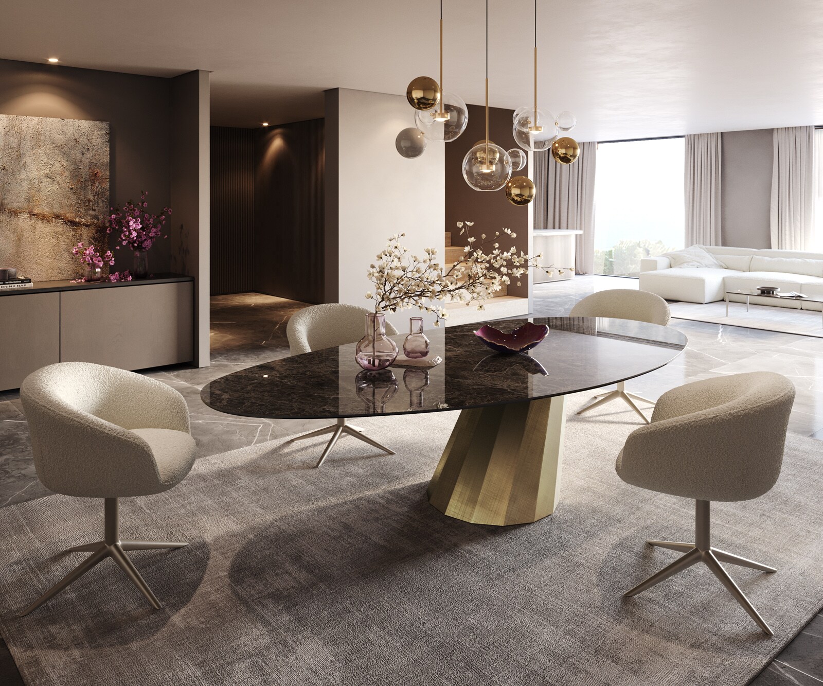 Eettafel Edge Oval 280x130 keramiek  Laminam® Emperador Extra Lucidato donkerbruin Parabel metaal goud 7