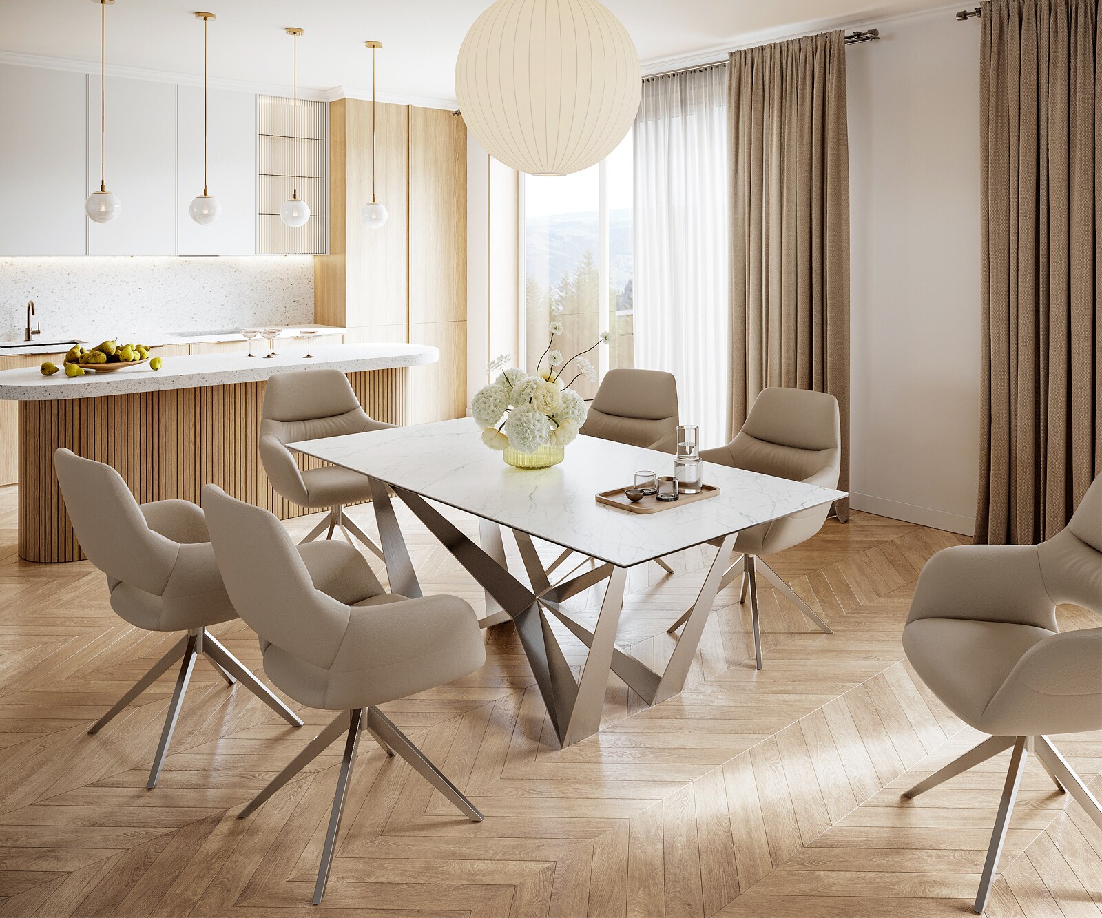 Eettafel Edge 200x100cm Laminam® keramiek wit middenpoot vlak staal zilver 5