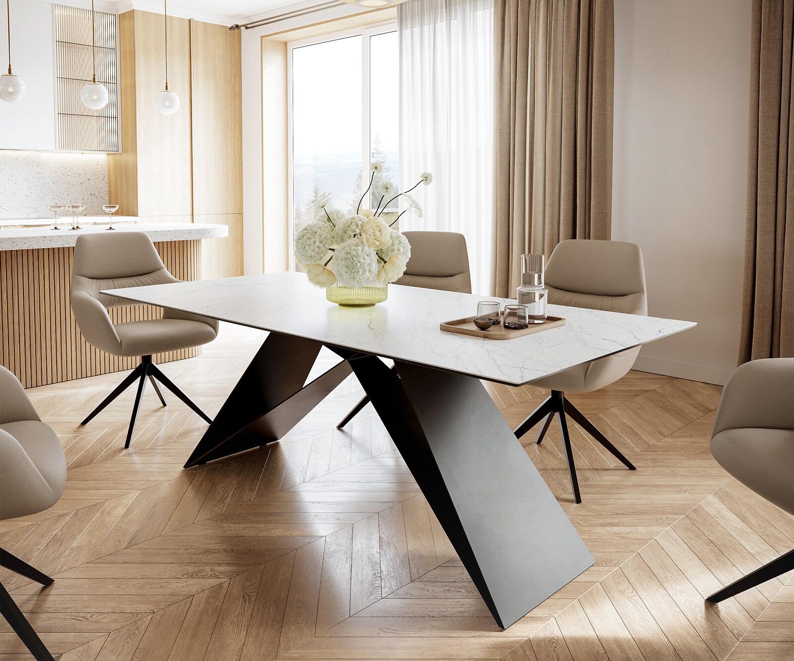 Eettafel Edge 200x100cm Laminam® keramiek wit V-middenpoot zwart