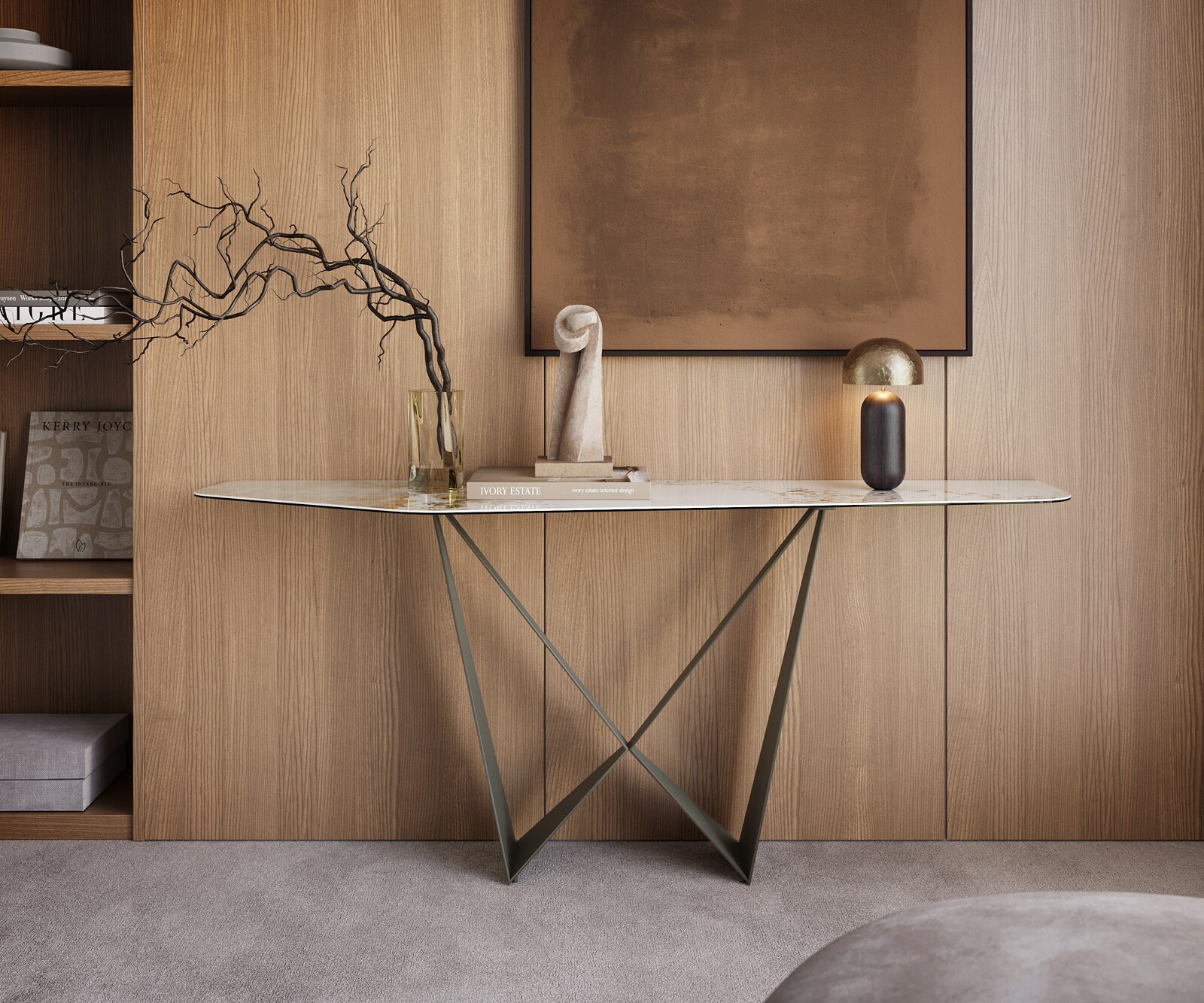 Consoletafel Edge Polygonaal 180x50 cm Keramiek Minas Melange Weiß-Beige Spios Metaal Effektfinish Titan 4